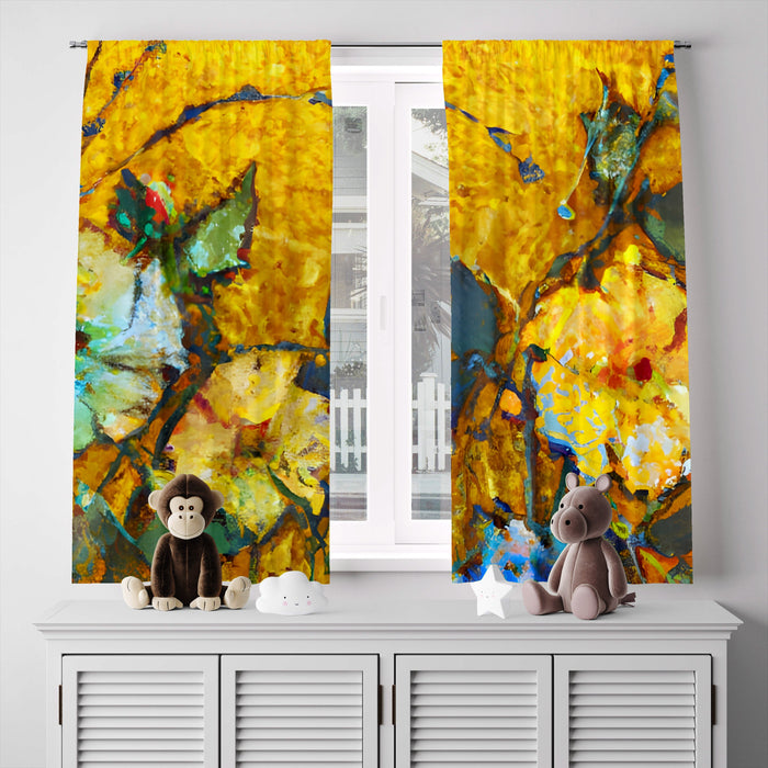 Floral Window Curtain - Van Gogh Inspired Yellow Flowers - Deja Blue Studios