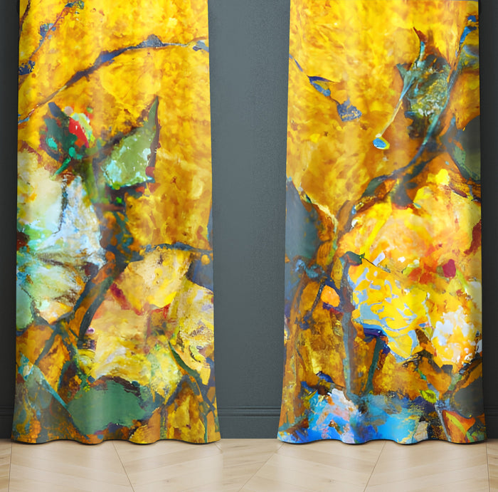 Floral Window Curtain - Van Gogh Inspired Yellow Flowers - Deja Blue Studios