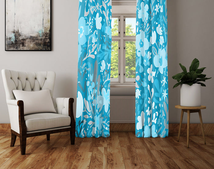 Floral Window Curtain - Winter Blue Icy Daisy Bouquet - Deja Blue Studios