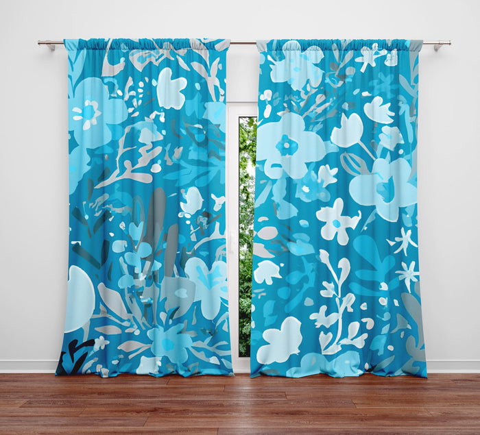 Floral Window Curtain - Winter Blue Icy Daisy Bouquet - Deja Blue Studios