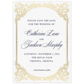 White save the date with gold scroll border, navy block writing and script font names.