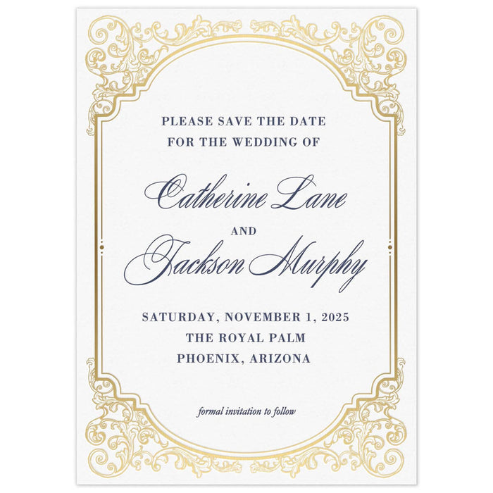 White save the date with gold scroll border, navy block writing and script font names.