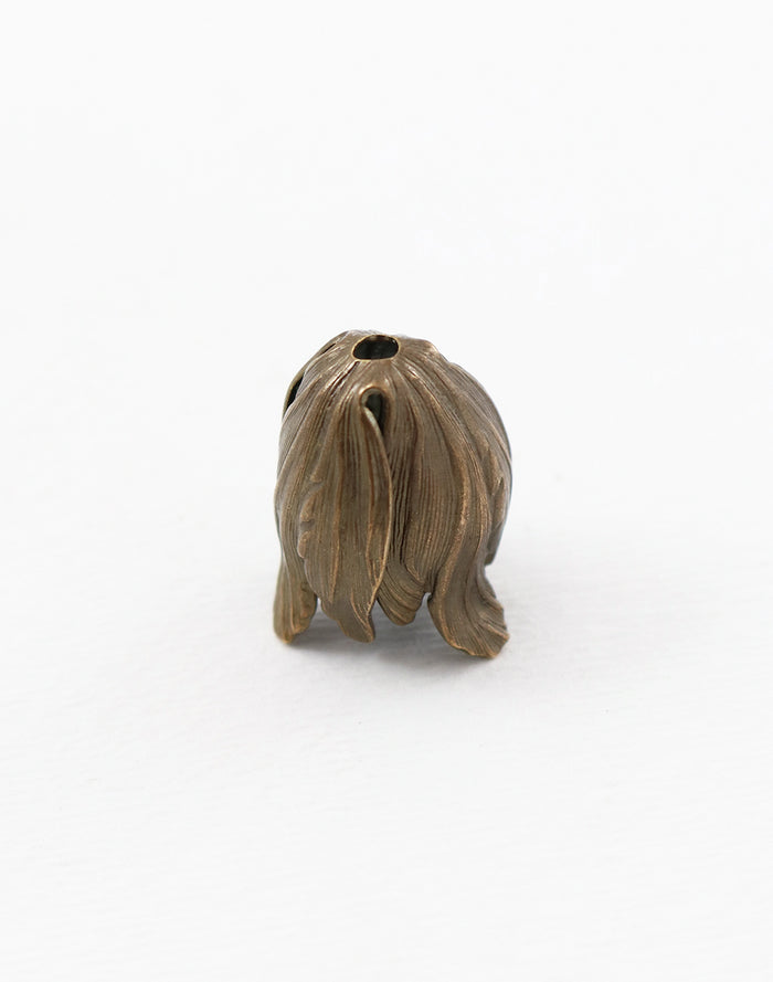 Bronze flower bud detail on white background.
