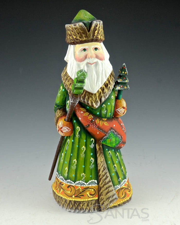 Forest Green Russian Santa with Staff and Satchel