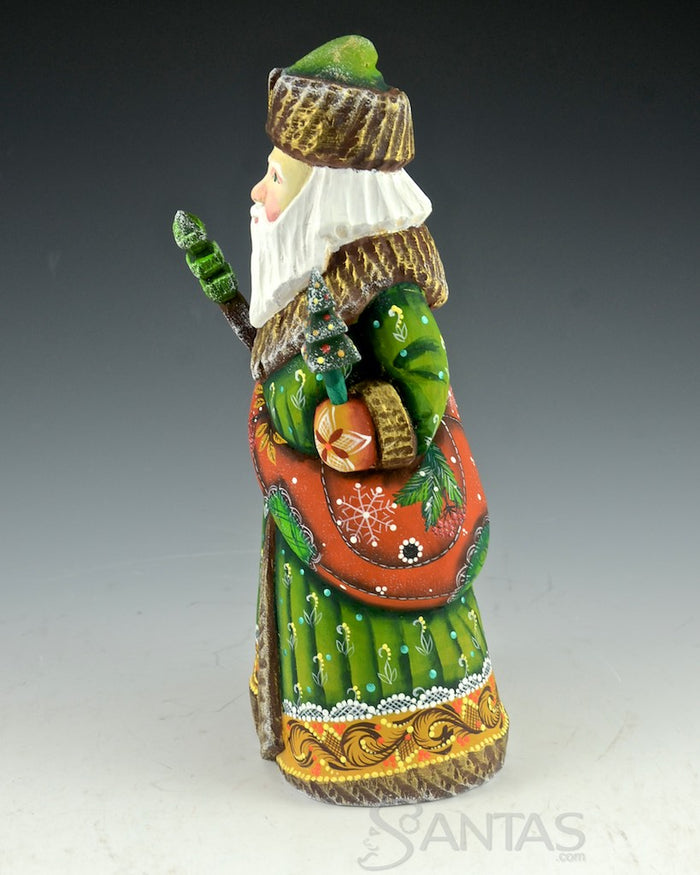 Forest Green Russian Santa with Staff and Satchel