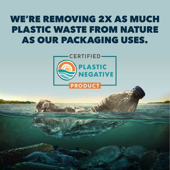 Four Leaf Rover Better Bones - Dried Bone For Homemade Diets with a Certified Plastic Negative Product badge over a waterway scene with floating plastic bottles.