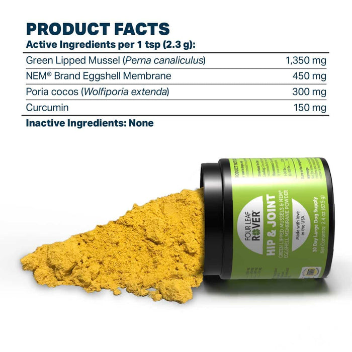 Four Leaf Rover Hip & Joint supplement jar with yellow powder, featuring label details on ingredients promoting joint health and mobility for large dogs.