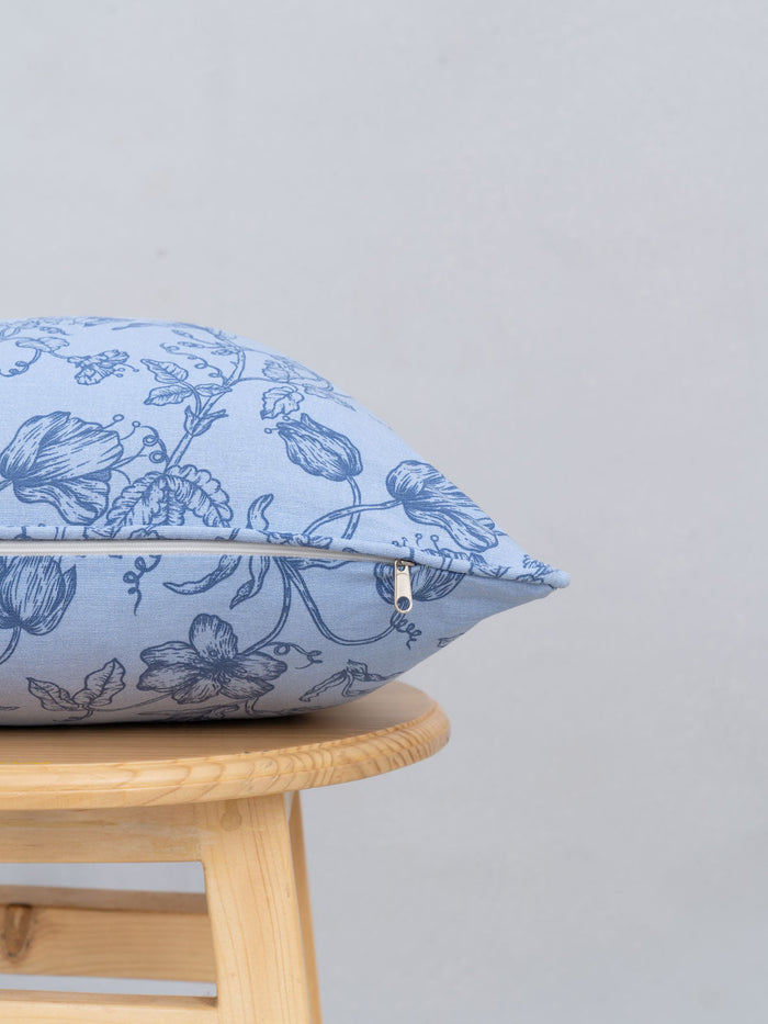 French Farmhouse Printed Cotton Cushion Cover - Blue