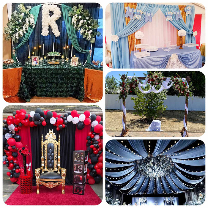 Decorative event setups with elegant drapery, floral arrangements, and themed decor.