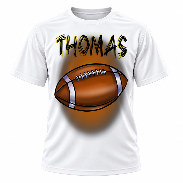Personalized Football T-Shirt, front-view T-shirt mockup featuring custom Air-Volution artwork by Mythic Airbrush