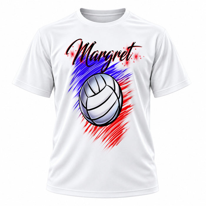 Personalized Volleyball T-Shirt, front-view T-shirt mockup featuring custom Air-Volution artwork by Mythic Airbrush