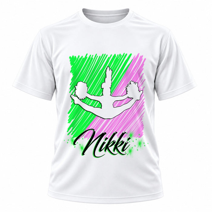 Personalized Cheerleading T-Shirt, front-view T-shirt mockup featuring custom Air-Volution artwork by Mythic Airbrush