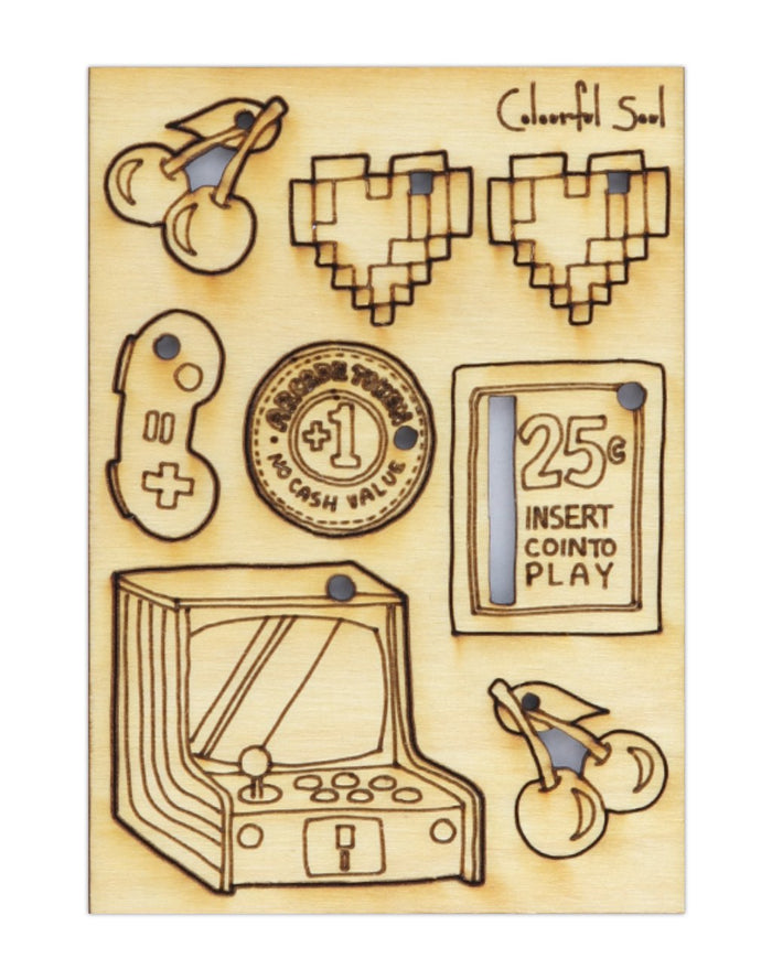 Wooden arcade game art with cherries, hearts, and controller.