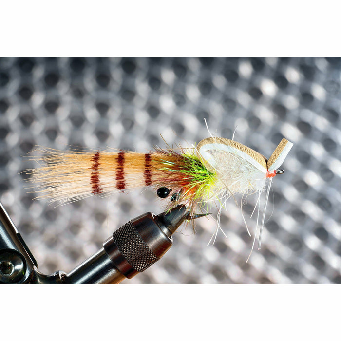 Finished Gangster Gurgler shrimp fly in vise showing segmented foam body and chartreuse hackle