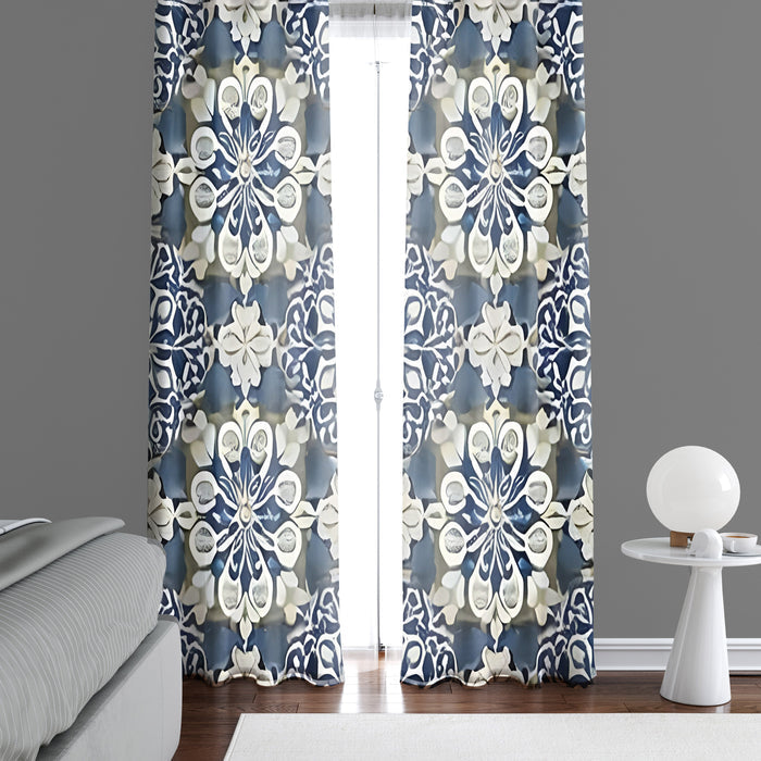 Geometric Window Curtain - Gray and Blue Kaleidoscope Pattern - Deja Blue Studios