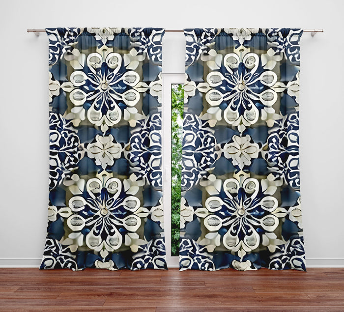 Geometric Window Curtain - Gray and Blue Kaleidoscope Pattern - Deja Blue Studios