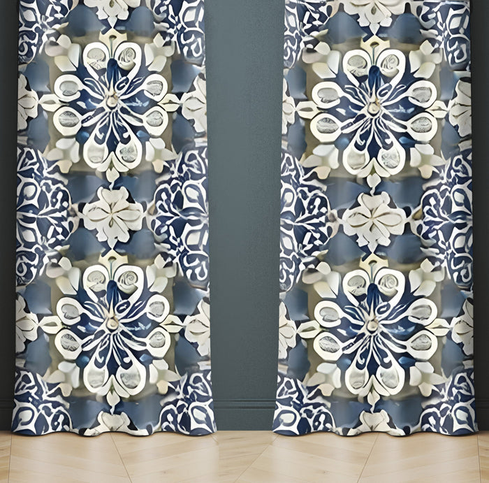Geometric Window Curtain - Gray and Blue Kaleidoscope Pattern - Deja Blue Studios