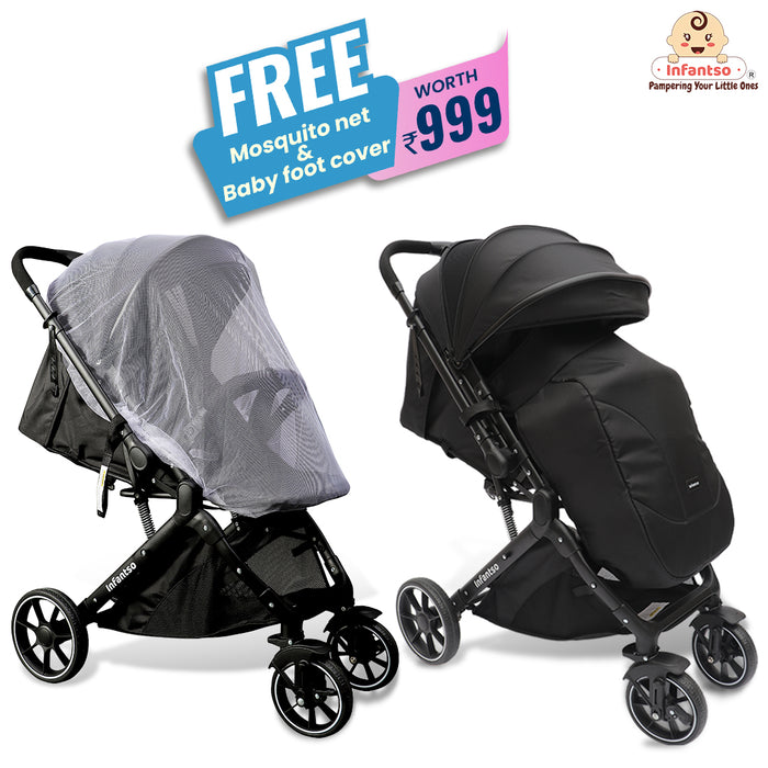 Infanso baby strollers in black with mosquito net and baby foot cover. includes complimentary accessories worth ₹999.