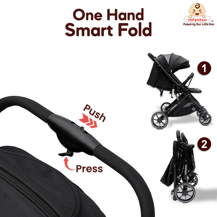 Infantso One Hand Smart Fold baby stroller shown in both folded and unfolded views — features an easy push-and-press folding mechanism for compact storage.