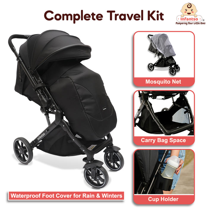 Complete travel kit for newborns and parents with mosquito net, waterproof foot cover, cup holder, and carry bag space.