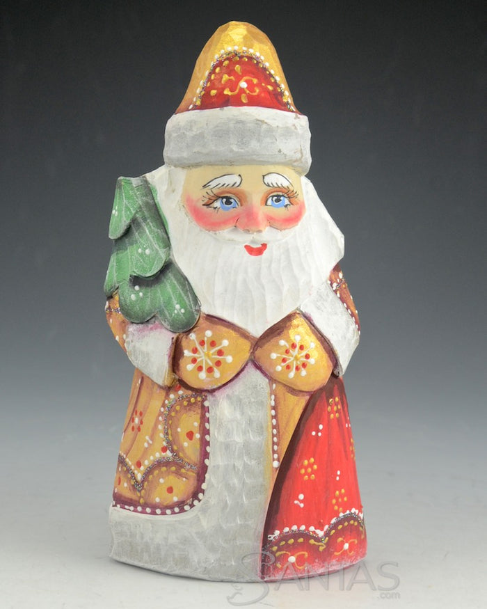 Gold, Red and White Santa Carving with Christmas Tree and Toy Bag 6 inch
