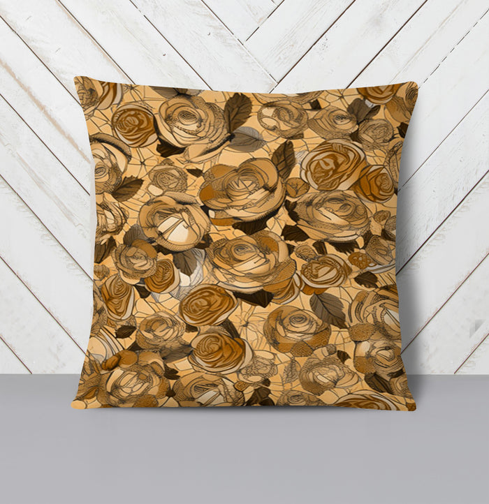 Gold Rose Floral Pattern Throw Pillow Cover