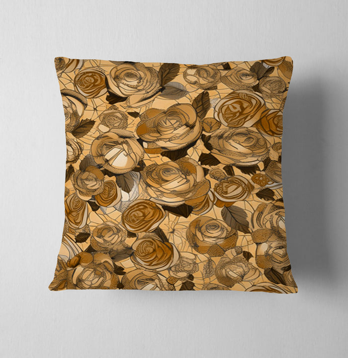 Gold Rose Floral Pattern Throw Pillow Cover