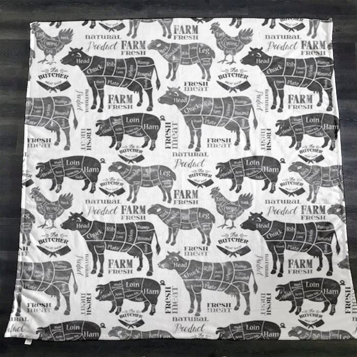 Gray Farm Animal Sketch Pattern Fleece Sherpa Blanket