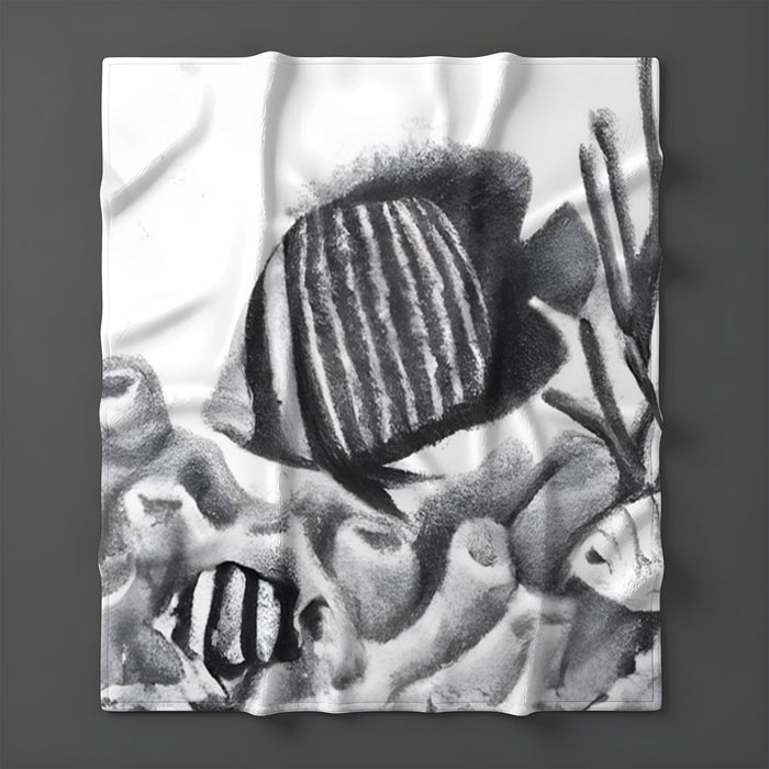 Gray Fish Coral Reef Pattern Fleece Sherpa Blanket