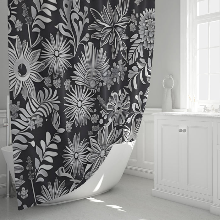 Gray Floral Botanical Pattern Shower Curtain