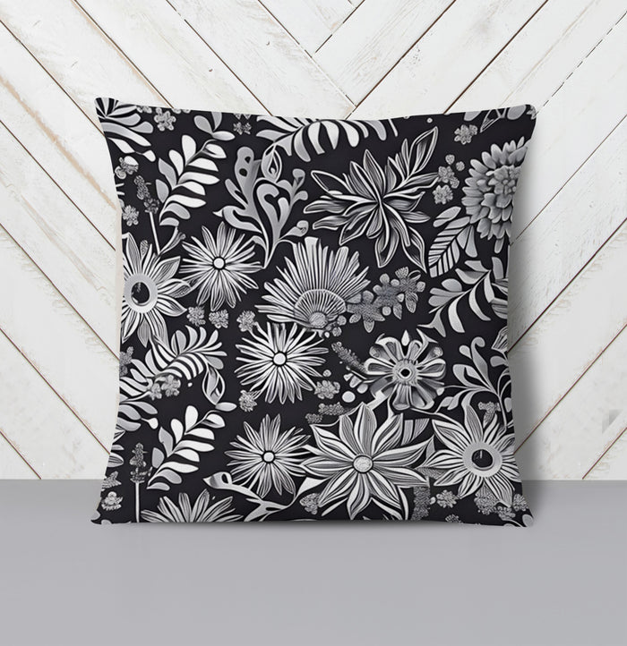 Gray Floral Botanical Pattern Throw Pillow Cover