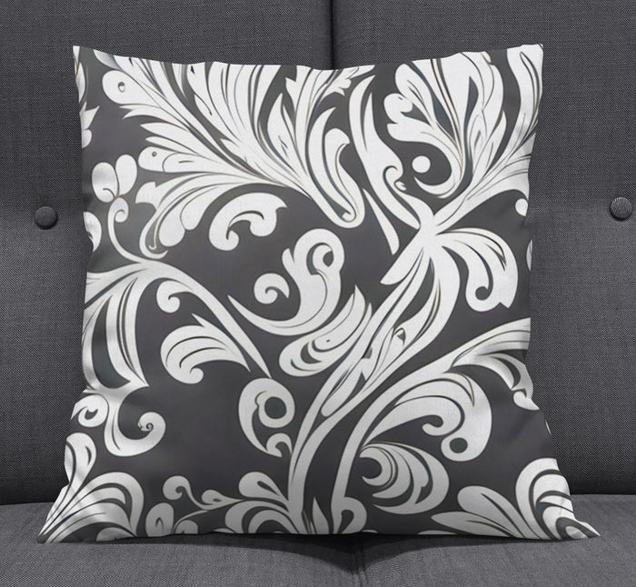 Gray Ornamental Scroll Pattern Throw Pillow Cover