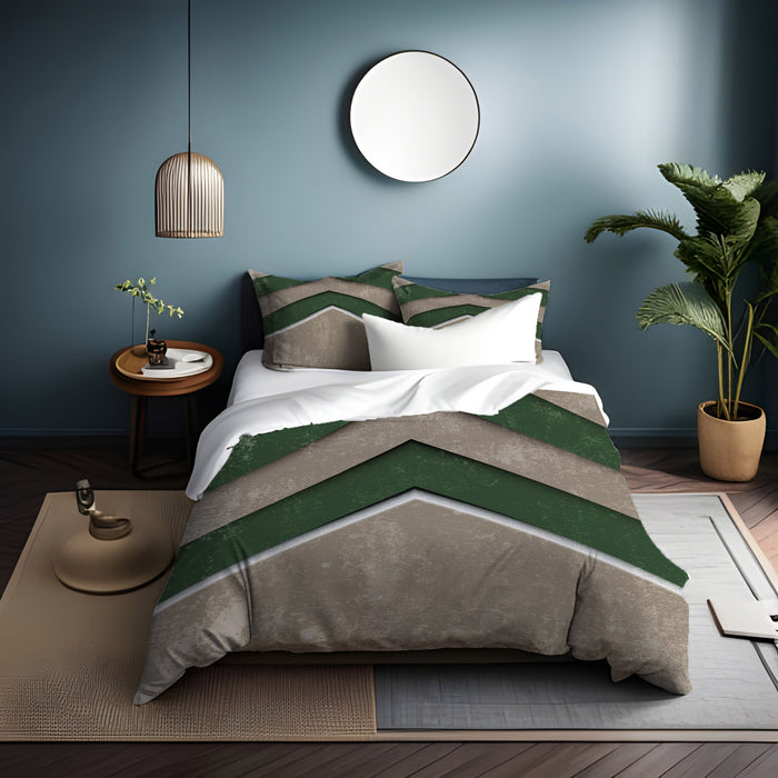 Green and Beige Chevron Geometric Pattern Duvet Cover