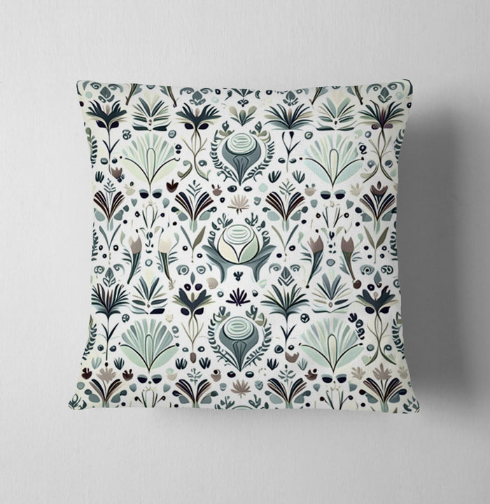 Green Folk Botanical Pattern Throw Pillow Cover