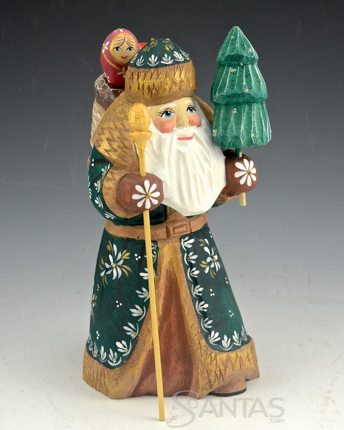 Green Traveling Santa with Tree and Backpack filled With Toys 7 inch