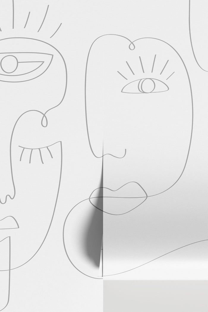 Grey Abstract Line Faces 2 wall mural, standalone view of the line-art design