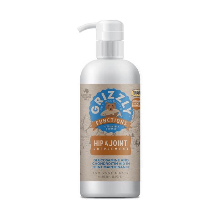 Grizzly Joint Aid Liquid Hip and Joint Supplement 946mL bottle with pump, featuring glucosamine and chondroitin, designed for canine and feline joint health.