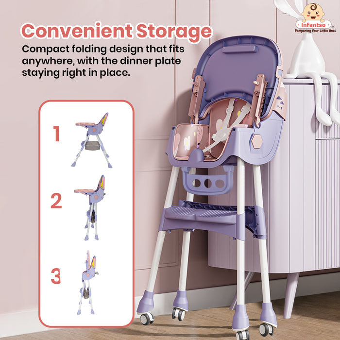 Infantso Feed-X 5-in-1 Multifunctional Baby High Chair | Convertible Feeding Chair for Infants & Toddlers | Adjustable Height, Foldable Design, Reclining Seat, Double Tray, Storage Basket & 5-Point Safety Harness