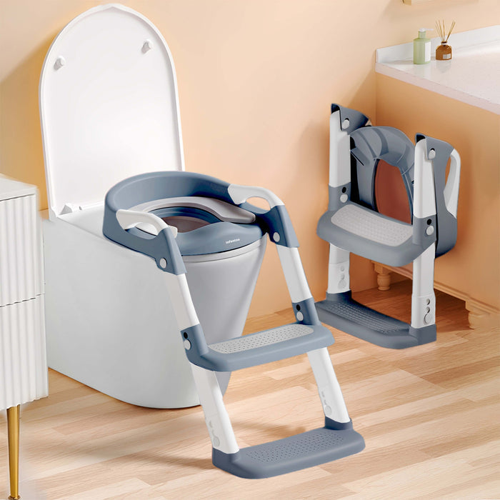 Infantso PLOOPI Step Potty Training Seat with Ladder for Kids (1–5 Years) | Foldable Design, 5-Level Height Adjustment, PU Cushion, Splash Guard & Safety Handles | Fits All Western Toilets