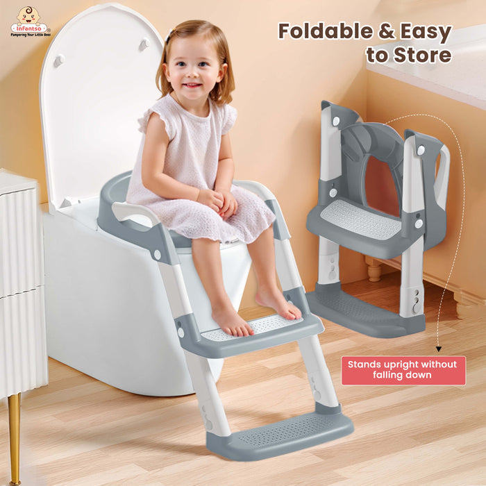 Infantso PLOOPI Step Potty Training Seat with Ladder for Kids (1–5 Years) | Foldable Design, 5-Level Height Adjustment, PU Cushion, Splash Guard & Safety Handles | Fits All Western Toilets