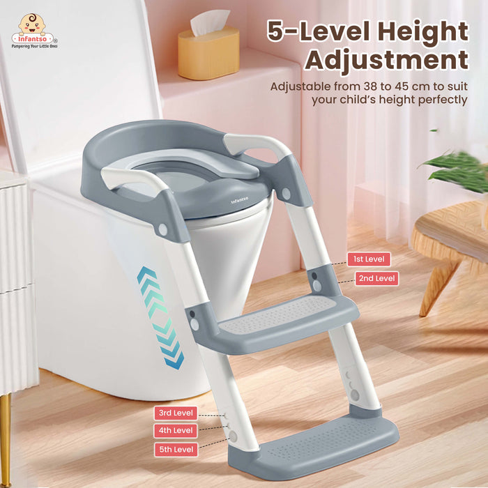 Infantso PLOOPI Step Potty Training Seat with Ladder for Kids (1–5 Years) | Foldable Design, 5-Level Height Adjustment, PU Cushion, Splash Guard & Safety Handles | Fits All Western Toilets