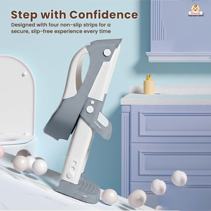 Infantso PLOOPI Step Potty Training Seat with Ladder for Kids (1–5 Years) | Foldable Design, 5-Level Height Adjustment, PU Cushion, Splash Guard & Safety Handles | Fits All Western Toilets