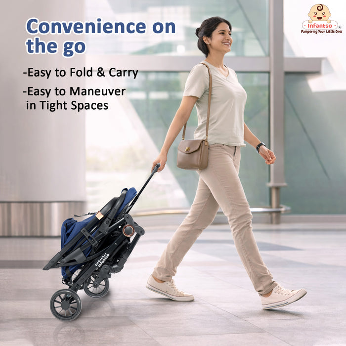 Infantso Ride-X Auto Fold Baby Stroller with One-Hand Fold, Mosquito Net, 5-Point Safety Harness, Shock Absorber Wheels & Compact Travel Design (0–3 Years, Up to 15kg)