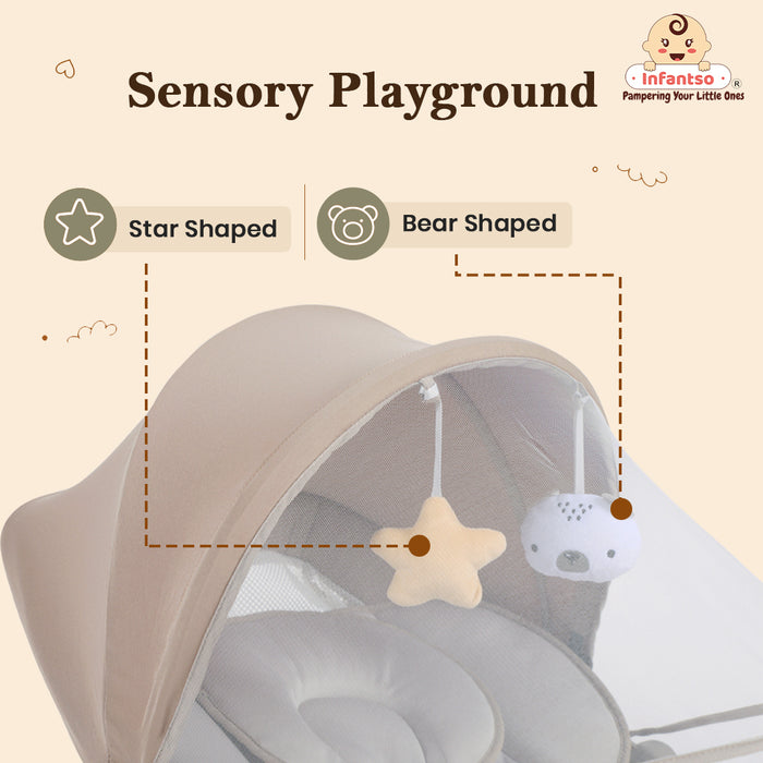Infantso SLEEP EASE (2-in-1) Automatic Baby Swing – 5-Speed Electric Cradle with Bluetooth Music, Remote Control, Timer & Safety Lock for 0 to 12 months