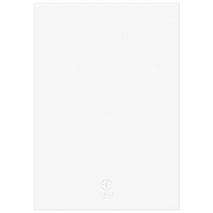 White blank back of a invitation with a gray Ceci New York circle logo at the bottom.