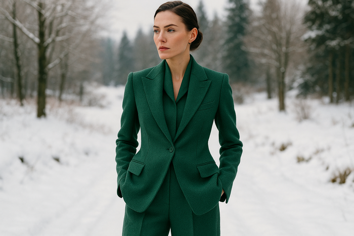 a desinger suiting in out door winter look with Italian Designer Textured Virgin Wool Crepe - Renewal Green