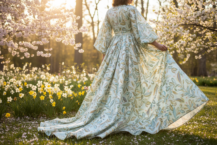 a long dress with Leaf & Feather Print Cotton Sateen in spring look background