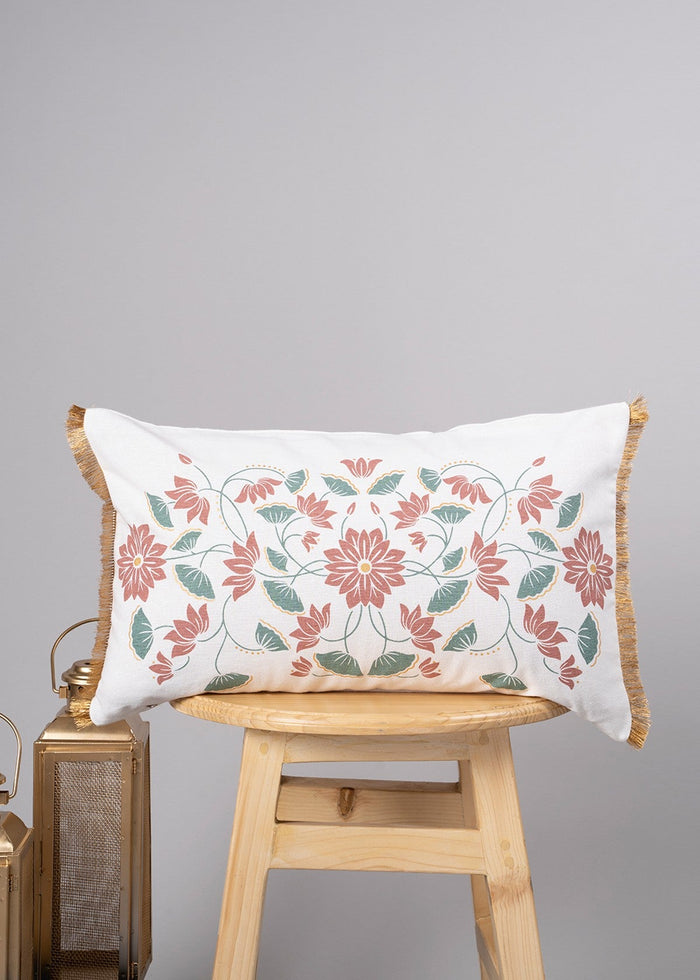 Lotus Blossom  100% cotton decorative cushion cover for sofa with gold fringe - Green
