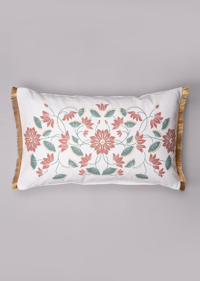 Lotus Blossom  100% cotton decorative cushion cover for sofa with gold fringe - Green
