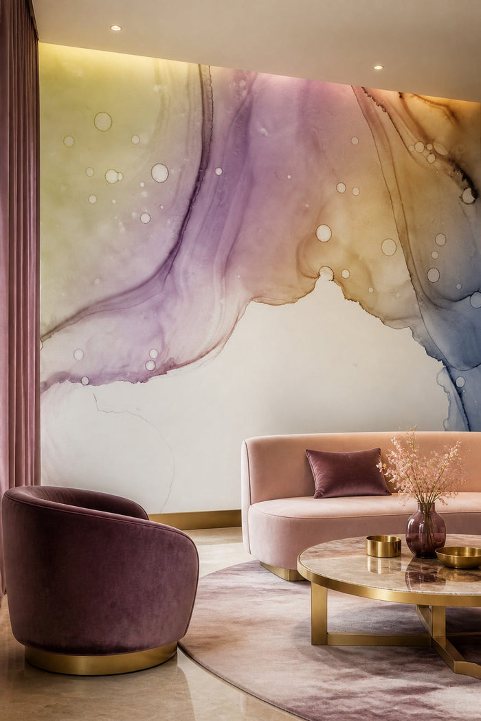 Lucid Rainbow Ink Utopia wall mural in living room with marble coffee table